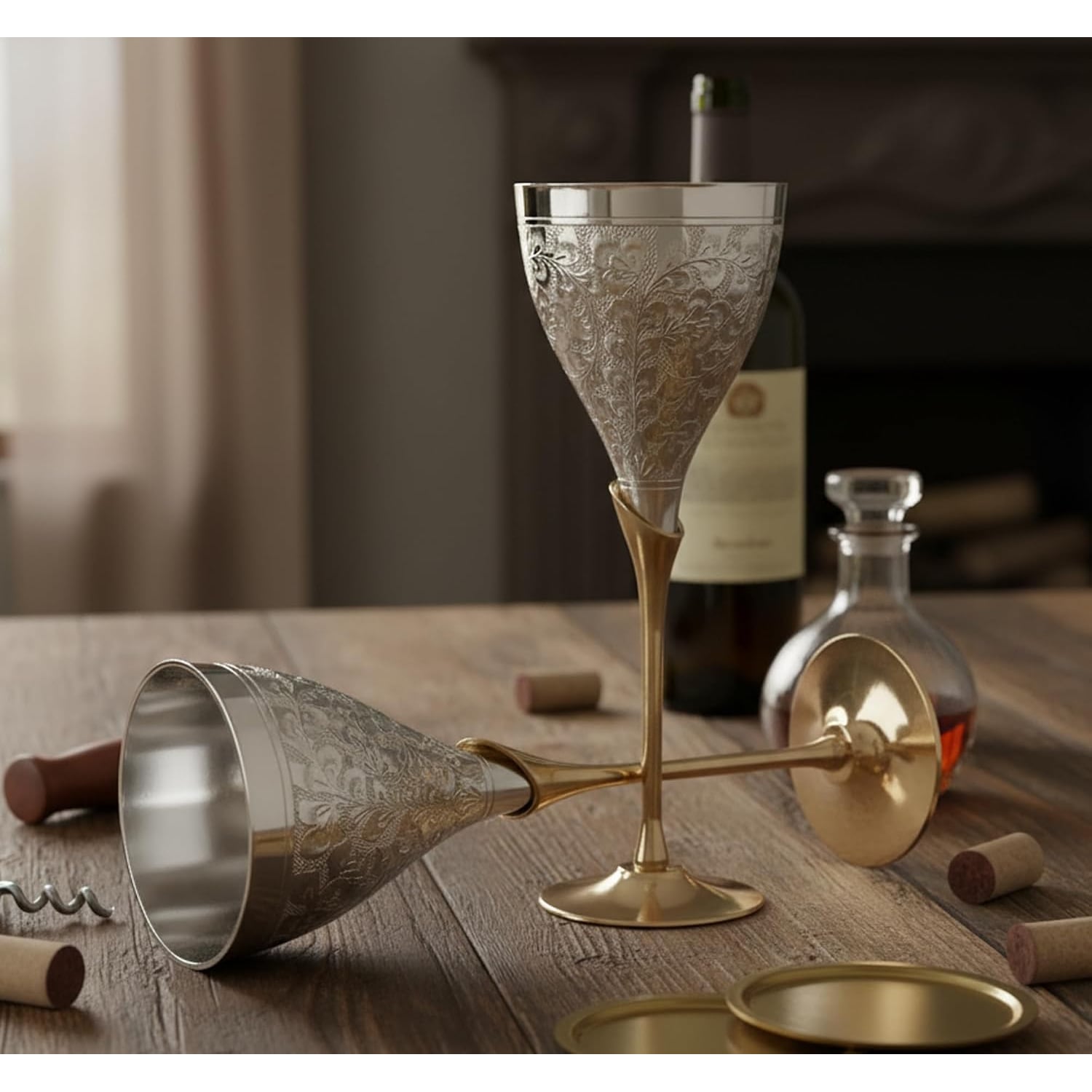 Engraved Brass Goblets Set of 2, detail view